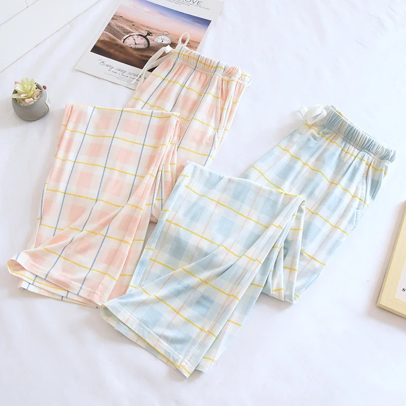 Fdfklak Modal Leisure Home Pants For Women Sleepwear Homewear High Elasticity Trouser Spring Summer Plaid Print Lounge Wear