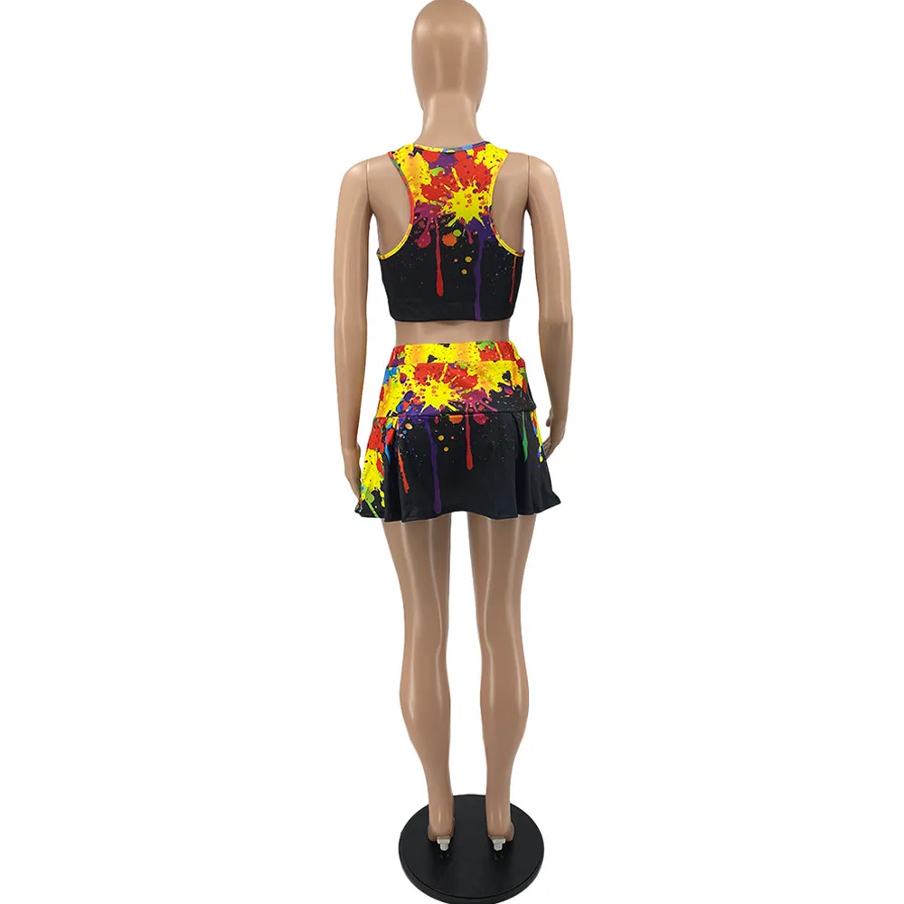 

Preppy Styie Splash Ink Print 2 Piece Skirt Sets Summer Outfit for Women Workout Tank Crop Top+empire Pleated Skirt Streetwear