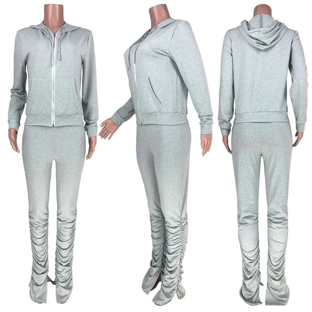 

Solid Hooded Two Piece Set Women 2020 Autumn Long Sleeve Zipper Top and Stacked Pants Sporty Streetwear Casual Matching Sets