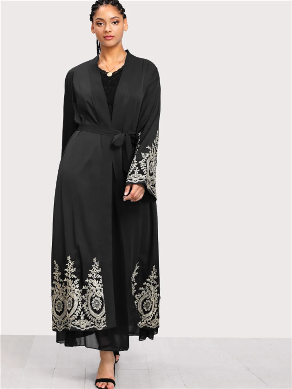Muslim Embroidery Abaya Belt Full Dress Cardigan Kimono Vetement Long Robe Gowns Middle East Eid Ramadan Islamic Clothing Cm004