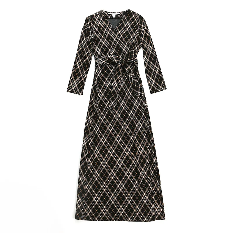 

Spring Fall Fashion Classical Vintage Plaid Long Sleeve v-Neck Slim Empire Waist Dress Office Lady High End Elegance Casual Wear