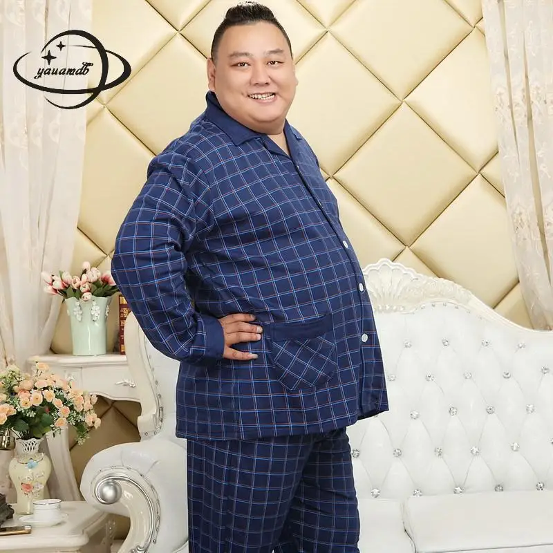 Plus Size 3xl-5xl Mens Pajama Sets Spring Autumn Male Sleepwear 2PCS Suits Long Sleeve Plaid Man Clothes H92