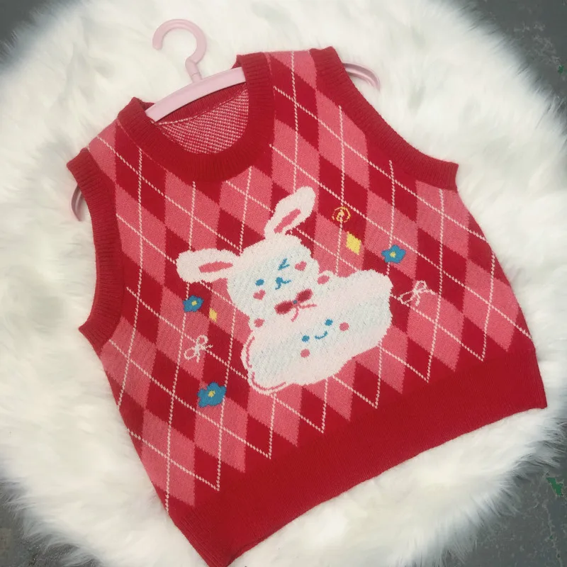 

Japanese Sweet Preppy Style Women JK Female Vest Sweater O-Neck Kawaii Cartoon Rabbit Knitting Pullovers Pink Sleeveless Sweater