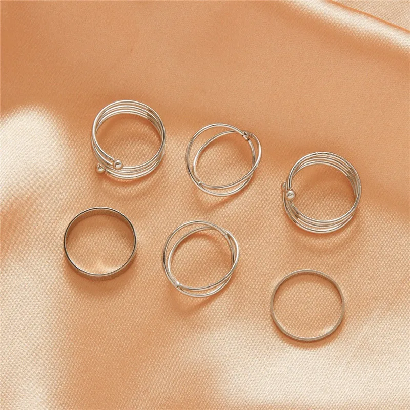 

6Pcs/Set Fashion Punk Minimalist Adjustable Round Spring Ring Set for Women Bohemia Vintage Metal Knuckle Finger Rings Jewelry