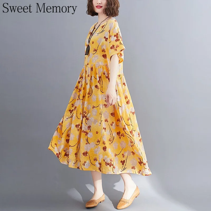 

Половина рукава халат 2021 из хлопка и льна размера плюс; Милые платья память для женщин с цветочным принтом повседневные свободные длинные ш...