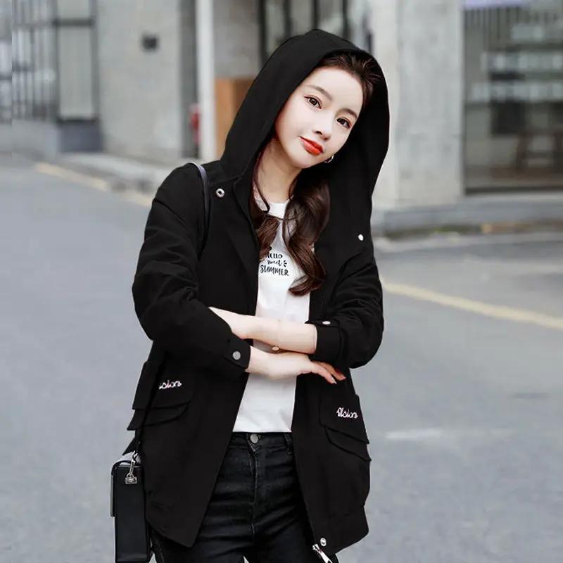 Осенняя Женская ветровка с капюшоном на молнии длинным рукавом Повседневная