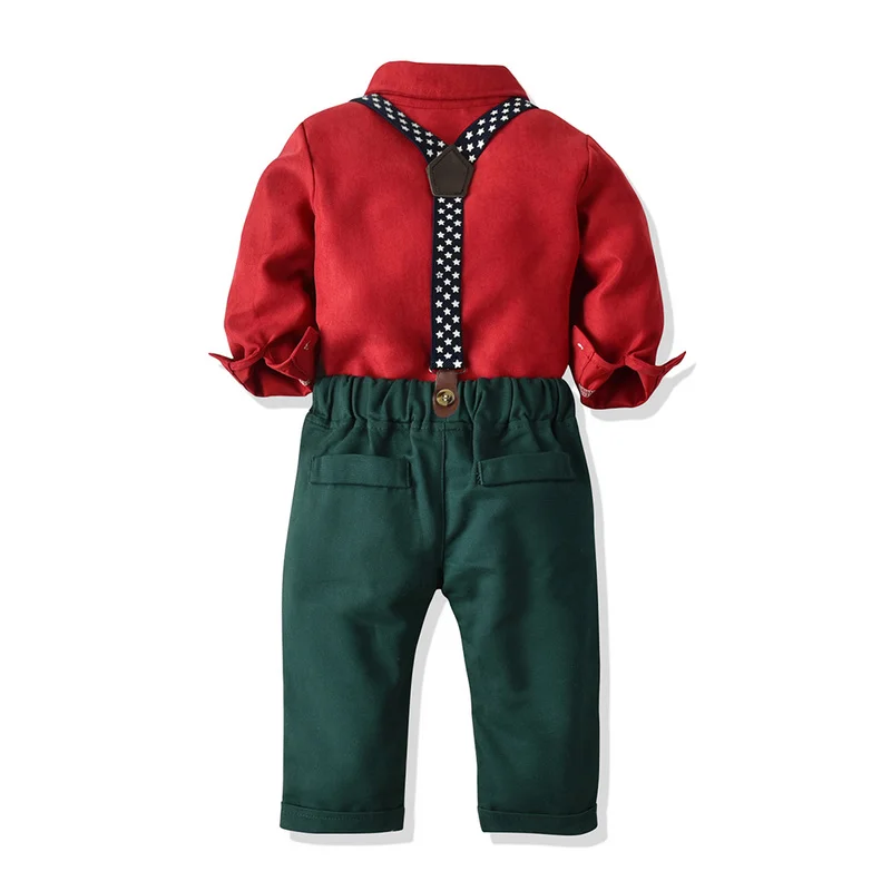 Top and Autumn Winter Children Boy Gentleman Clothes Suits Long Sleeve Shirt Tops+Suspender Pants 2Pcs Outfit for Christmas | Детская