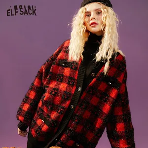 Женский вязаный кардиган ELFSACK, Красный Клетчатый Яркий шелковый кардиган, шикарная на пуговицах, Повседневный, осенний, винтажный, корейский, женский, Повседневный, мягкий, 2020