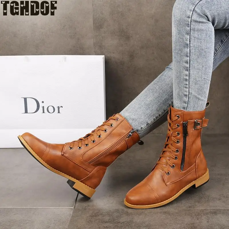 TGHDOF 2021 New Side Zipper Fall/winter Non-slip Flat Heel Rubber Sole Sexy Steampunk Leather Retro Buckle Ladies Boots