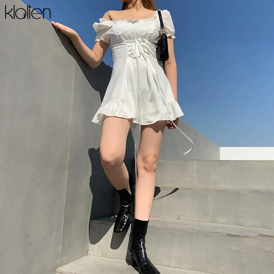 

Elegant Dress Female KLALIEN White Mini Party French Bow Women Dress Romantic Sexy Festival Birthday Cute Fashion Silk Summer Bo