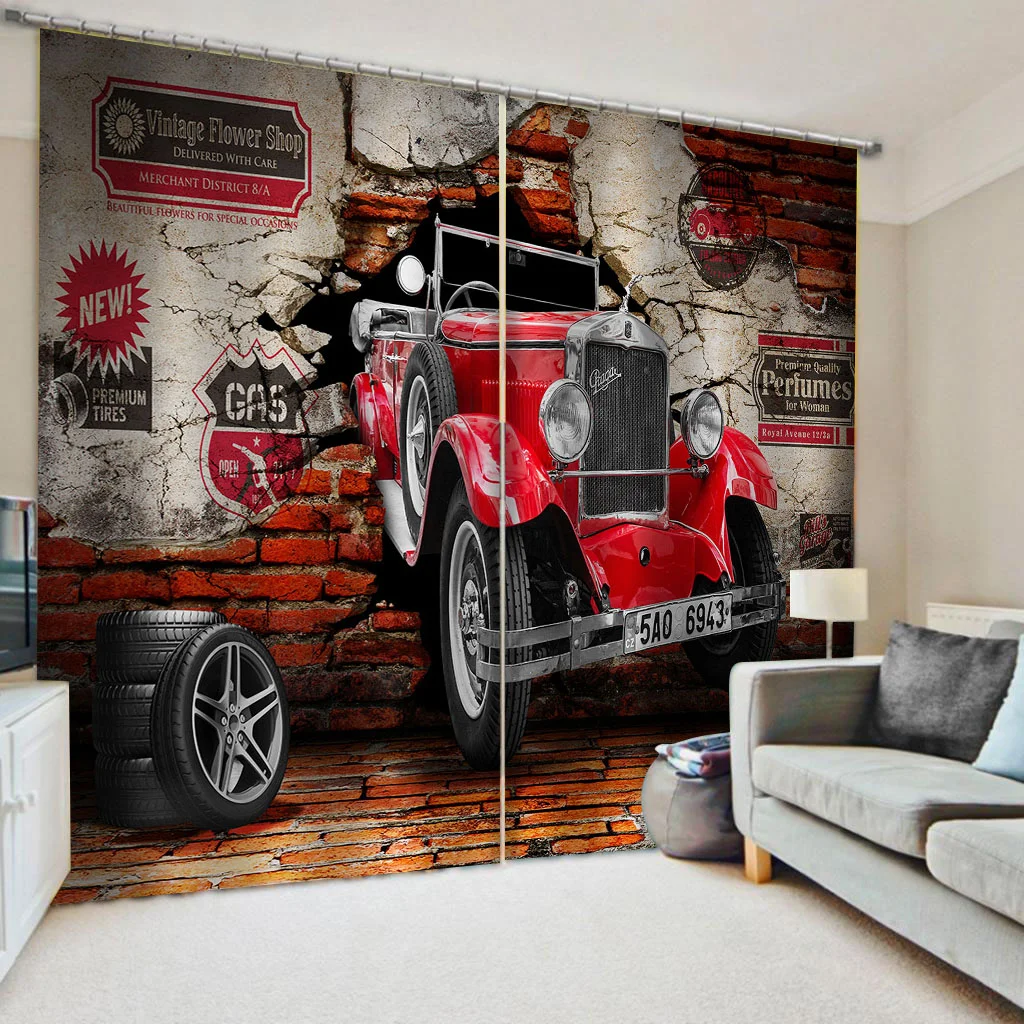 

3D Printing Old Car Blackout Curtain Broken Brick Wall Curtains For Living Room Bedroom Children Bathroom Shower Curtain