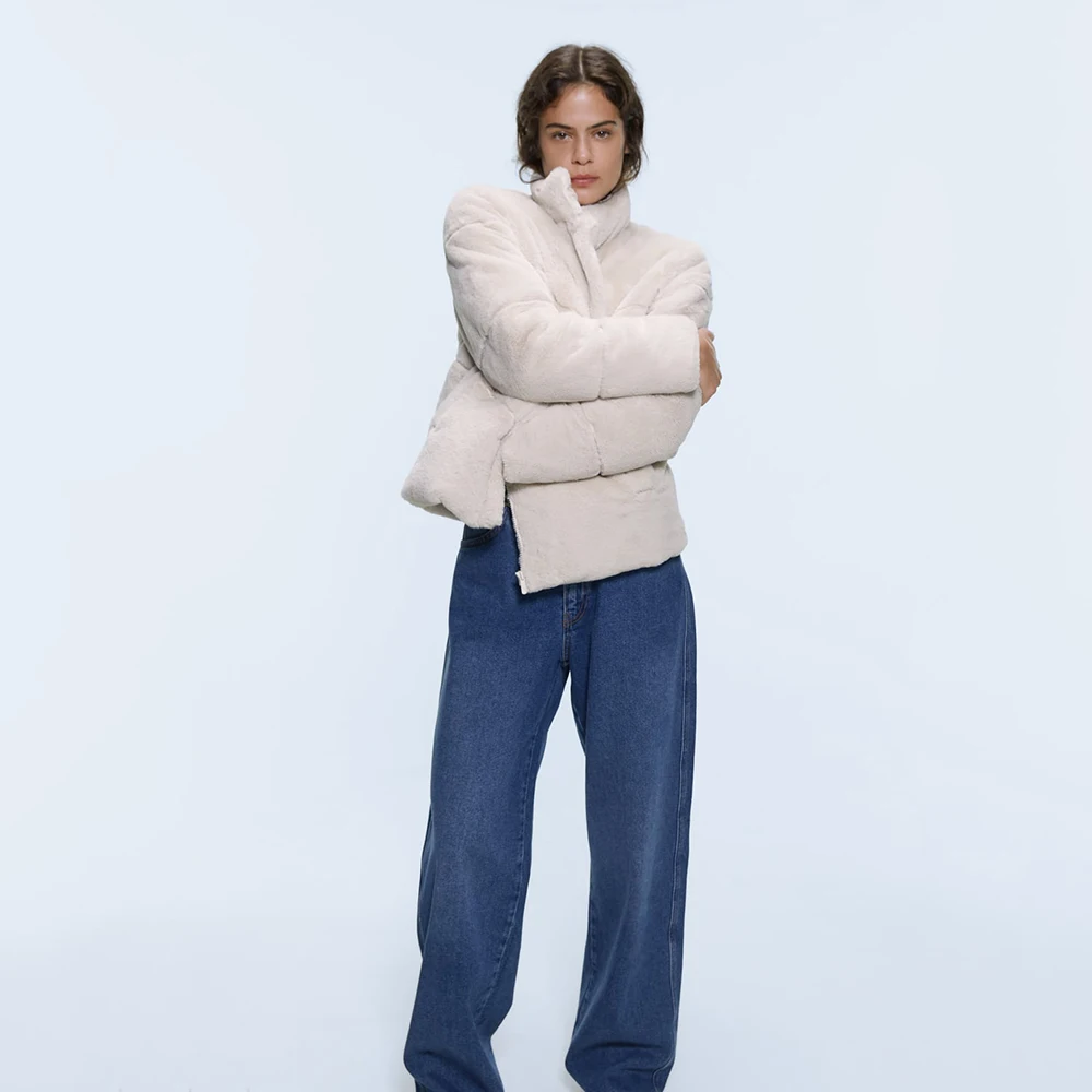 Женское пальто с воротником-стойкой ZA однотонное темно-синее на молнии длинными