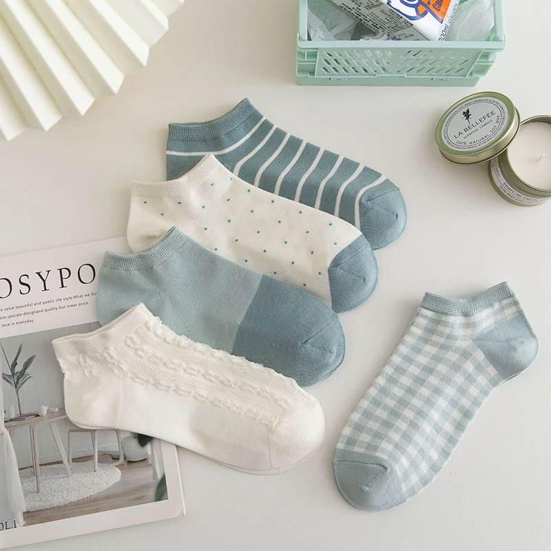 

Women's Socks New Spring And Summer Blue Plaid Stripe Low Tube Socks Leisure Sports Breath Comfort Women's Cotton Socks