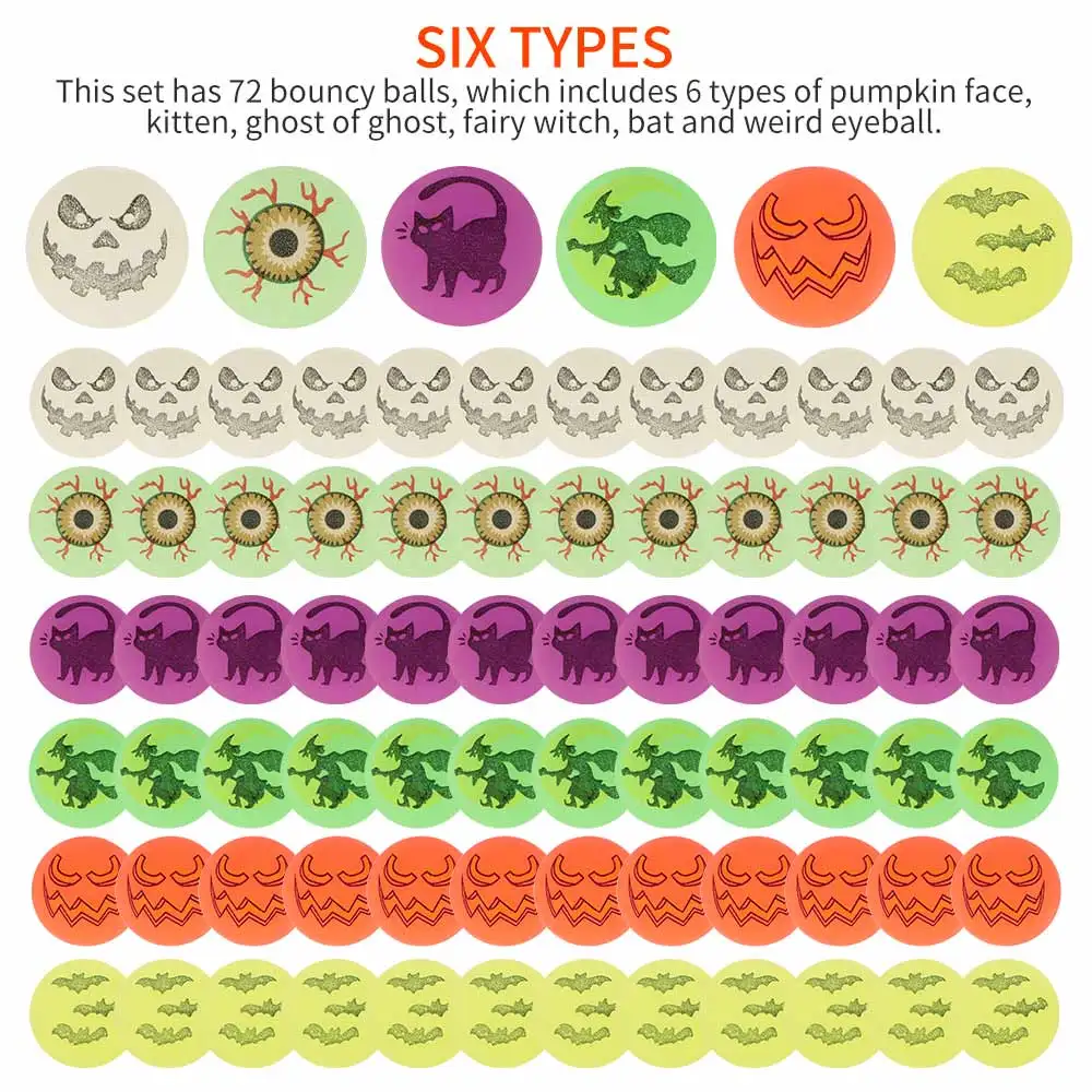 

72pcs Funny Luminous Bouncy Ball Halloween Ball Rubber Bright Bounce Halloween Decoration Ball Luminous Bouncing Ball