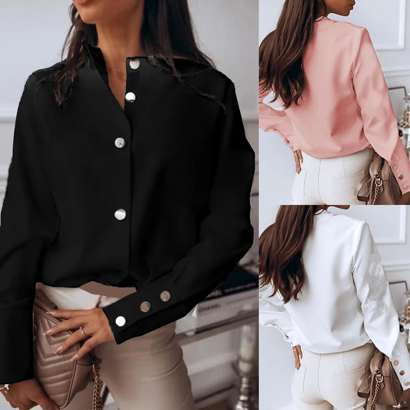 

Women Shirts Tops Autumn Women's Simple Fashion Long Sleeve Blouses Stand Collar Solid White Black Casual Loose Cardigan Blouse