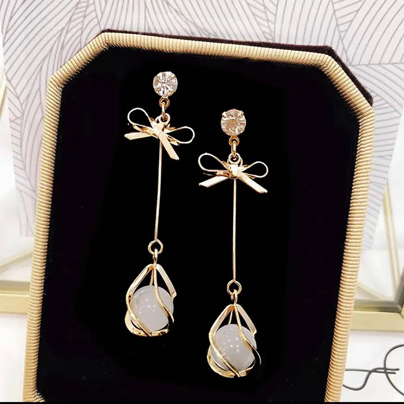 

Trendy Temperament Creative Long Style Bowknot Opal Dangle Earrings for Women