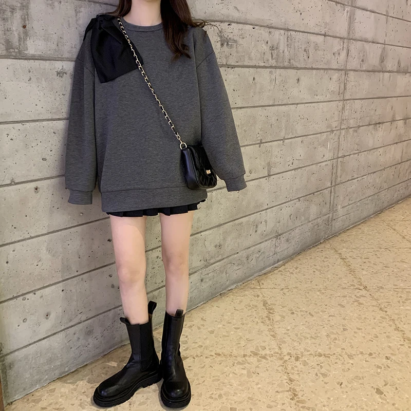 Женские толстовки большого размера топы с длинным рукавом и бантом серые круглым