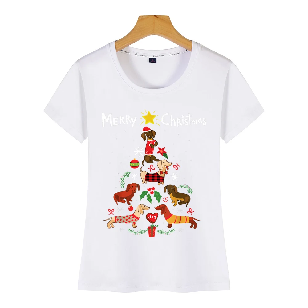 Топы футболки для женщин забавная такса Рождественская елка орнамент деко