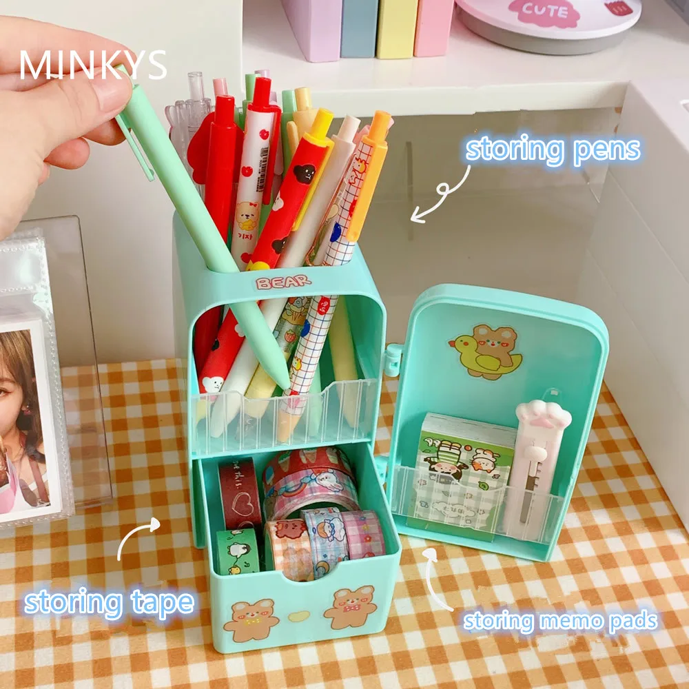 MINKYS Kawaii Refrigerator Pen Holder With 1PC DIY Sticker Desktop Makeups Pencil Pens Storage Box Creative School Stationery | Канцтовары