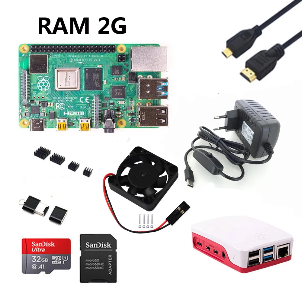 Черный Raspberry Pi 4B стартовый комплект с Raspberry pi 4B 1G/2G/4G+ 32GB sd-карта+ ABS чехол+ 5V 3A мощность+ вентилятор+ радиатор+ HDMI - Цвет: Черный