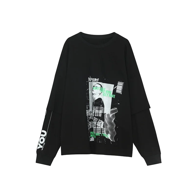 

Special zone | blue wind printed sweater fashion brand ins fake two piece splicing long sleeve versatile top for men