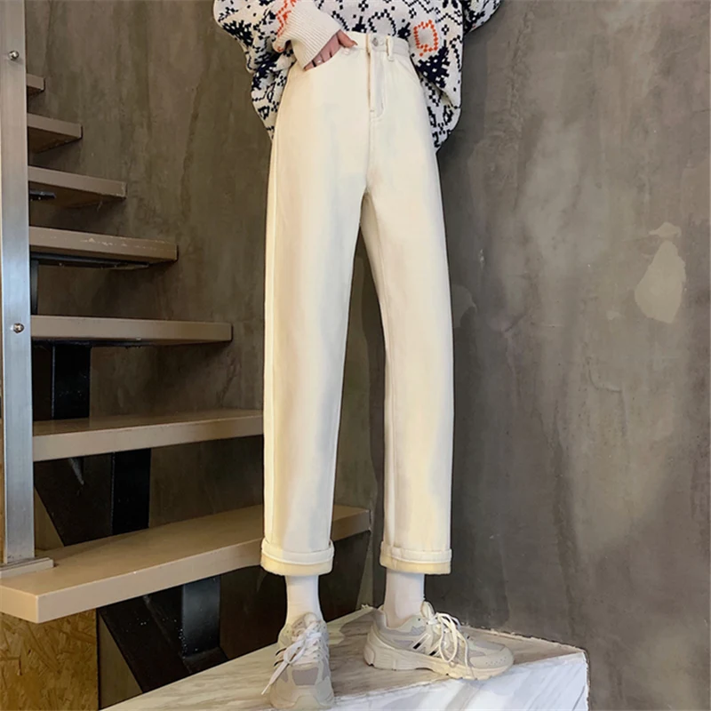 

Jeans Women's Autumn and Winter Korean Style 2020 New Student Ins Fleece-Lined Thick High Waist Slimming Loose Straight Trousers