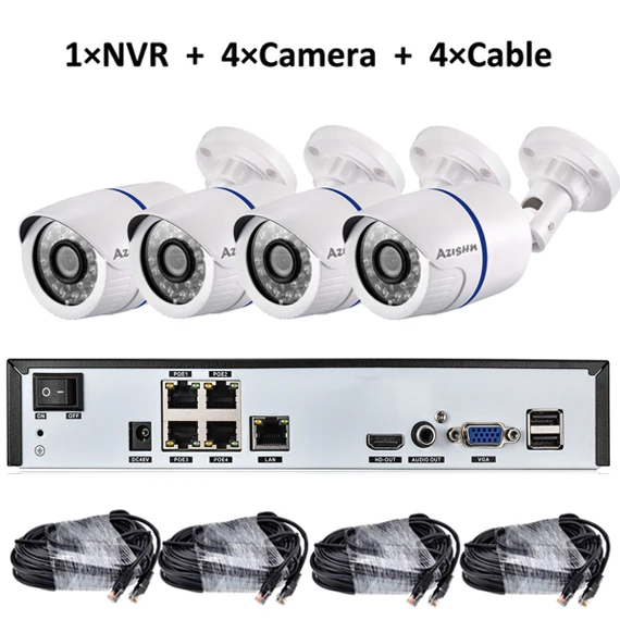 AZISHN 4CH 1080P HDMI 48 в POE 2MP NVR CCTV камера системы наружная безопасность 720P IP камера P2P система видеонаблюдения NVR комплект - Цвет: NVR 4Camera 4cable