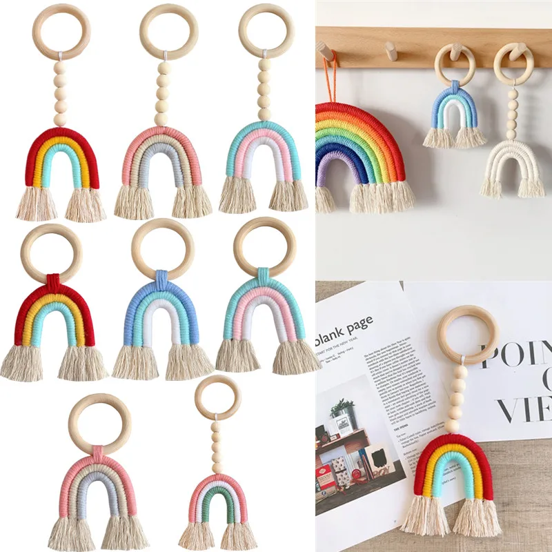 

BPA Free Wooden Baby Teether Ring Rainbow Tassel Beads Nursing Molar Teether Newborn Play Gym Hanging Stroller Pendant Rattle