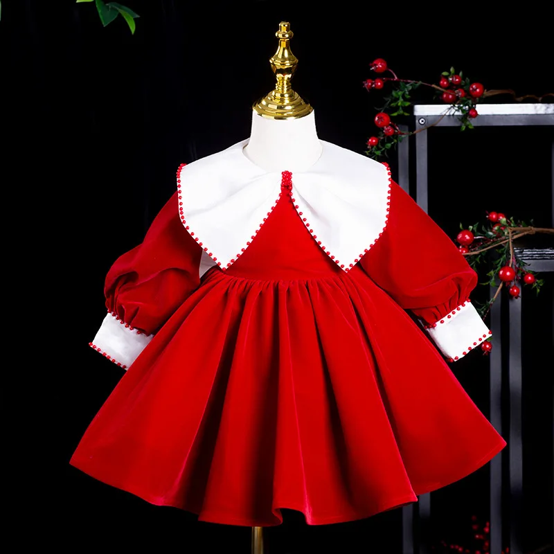 

Princess Dress Girl Lapel Long Sleeve Beaded Frocks Toddler Vestido New Year Party Xmas Ball Gowns Baby Boutique Prom Dresses