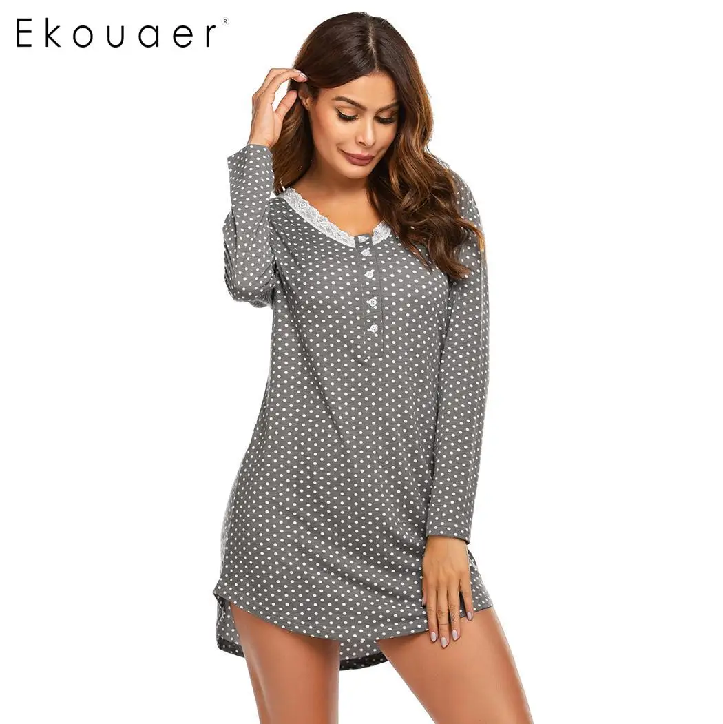Ekouaer, женская мягкая ночная рубашка, одежда для сна, круглый вырез, длинный рукав, узор в горошек, кружевная отделка, ночная рубашка Pregant, ночная одежда, домашняя одежда