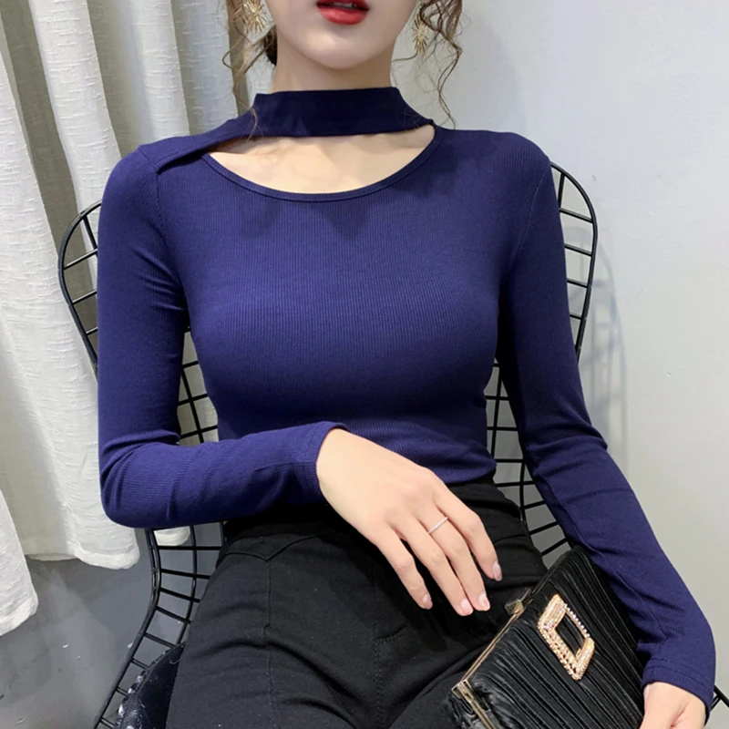 

Slim T-shirt Pure Cotton T-shirt Women's Elastic Long Sleeve T-shirt Women's Fall 2021 Top Ripped O-neck Korean Clothes Women