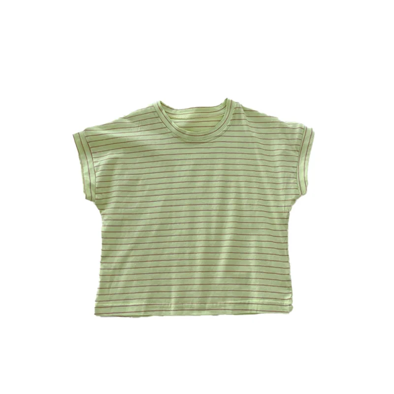 

Children's Short Sleeve T-Shirt 2021 Summer New Striped Cotton Boys Girls Round Neck Top