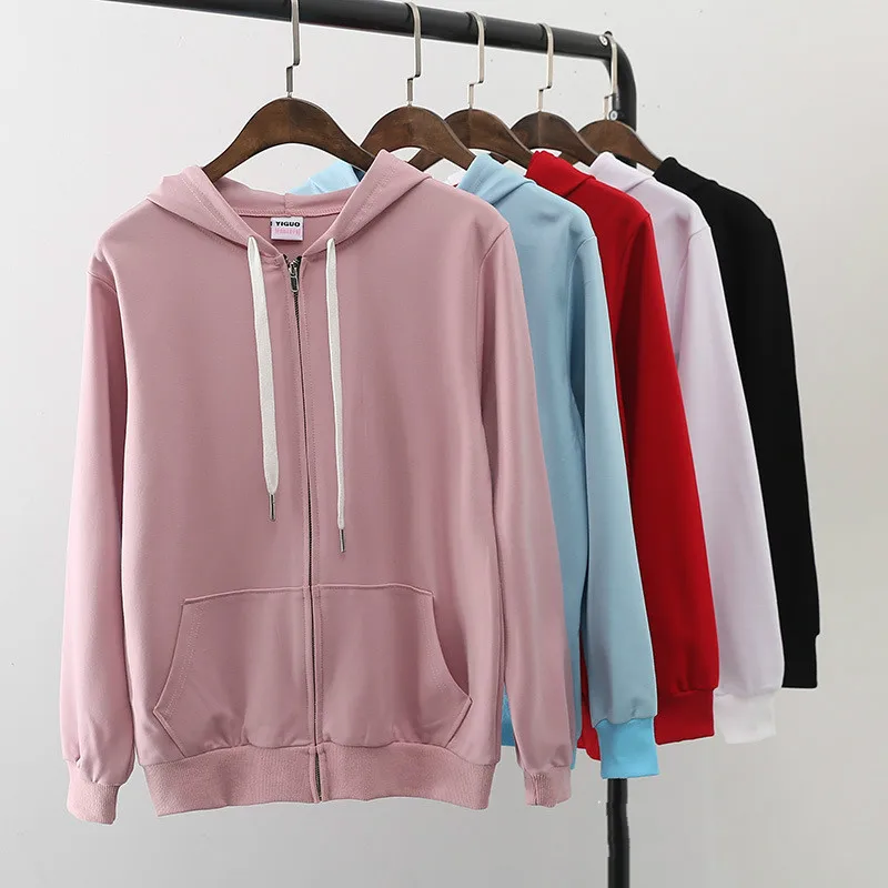 

New Style Hooded Sweatshirts Ladies Large Size Casual Student Sweatshirts Thin Zipper Top Pure Color Sportswear