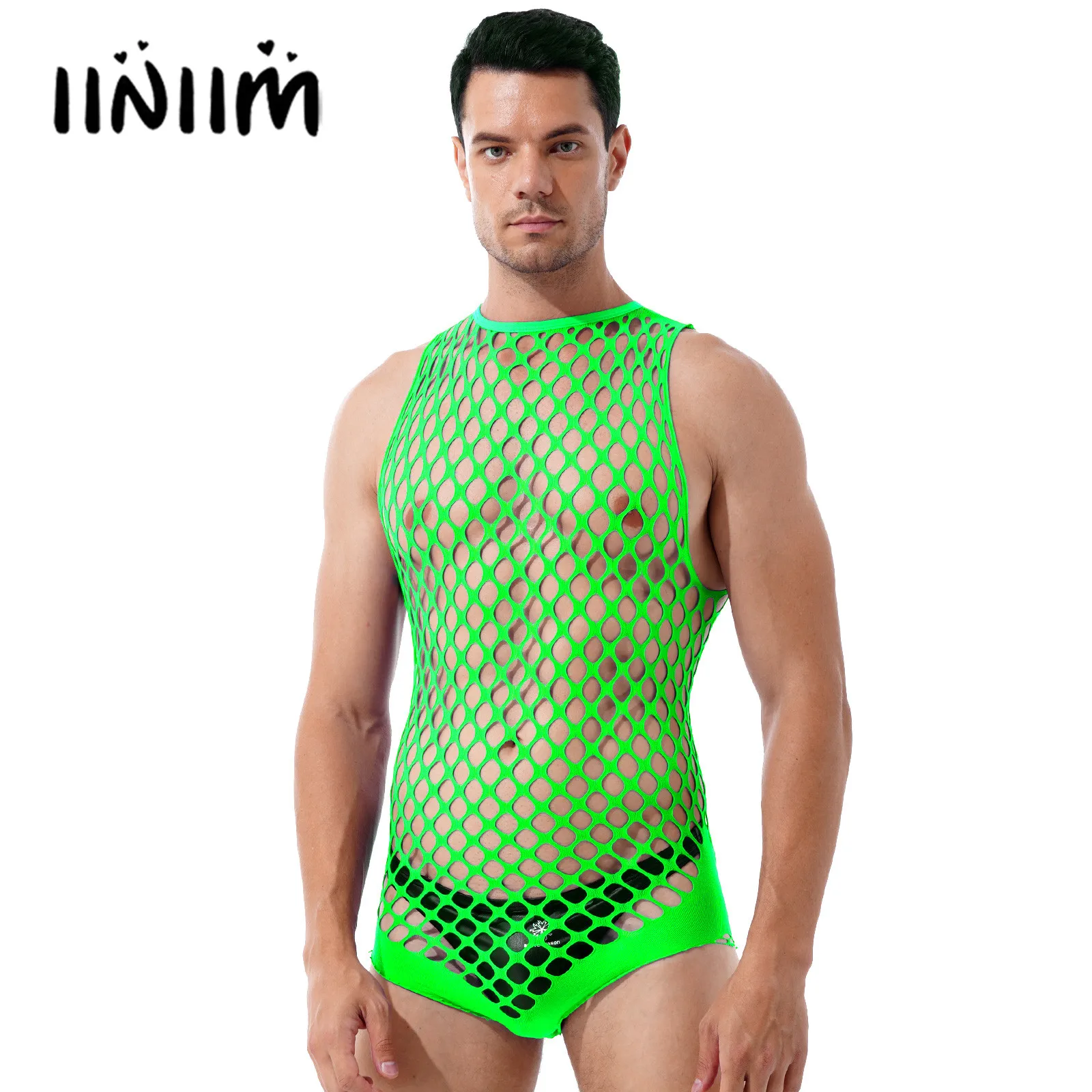 

Mens Lingerie Hollow Out Netted Sexy Bodystockings See-through Stretchy Bodysuits Nightwear Halter Neck Sleeveless Rompers