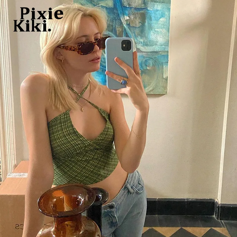 

PixieKiki Y2k Green Plaid Small Crop Tops Summer 2021 Sexy Tanks Camis Criss Cross Backless Halter Top 90's Aesthetic P84-BC10