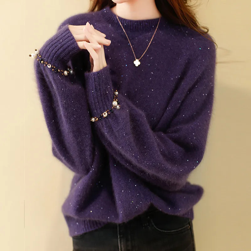 

Sweater Female Autumn Winter New Solid Color Round Neck Beaded Sequins Fashion Loose Knitted Cardigan Top Women's Clothing M018