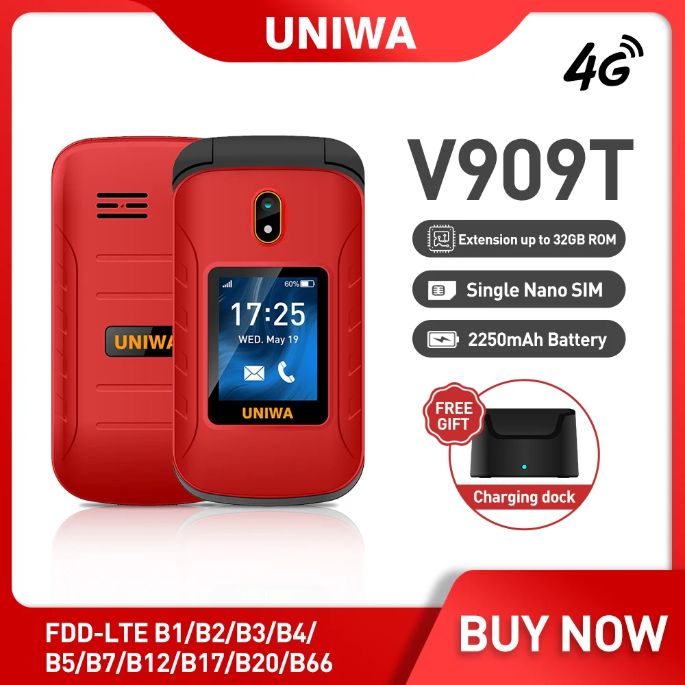 

UNIWA V909T 4G Flip Phone Big Push-Button Dual Screen 0.3mp Camera FM Radio Russian Hebrew Keyboard Clamshell Cellphone