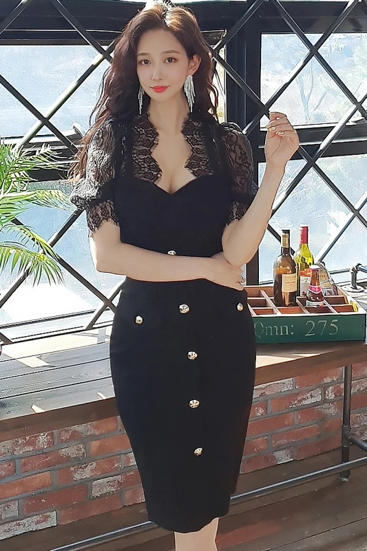 

Summer Dress Korean Style Office Ladies Lace Patchwork Midi Sheath Bodycon Bag Hip Women Party Dresses T0136