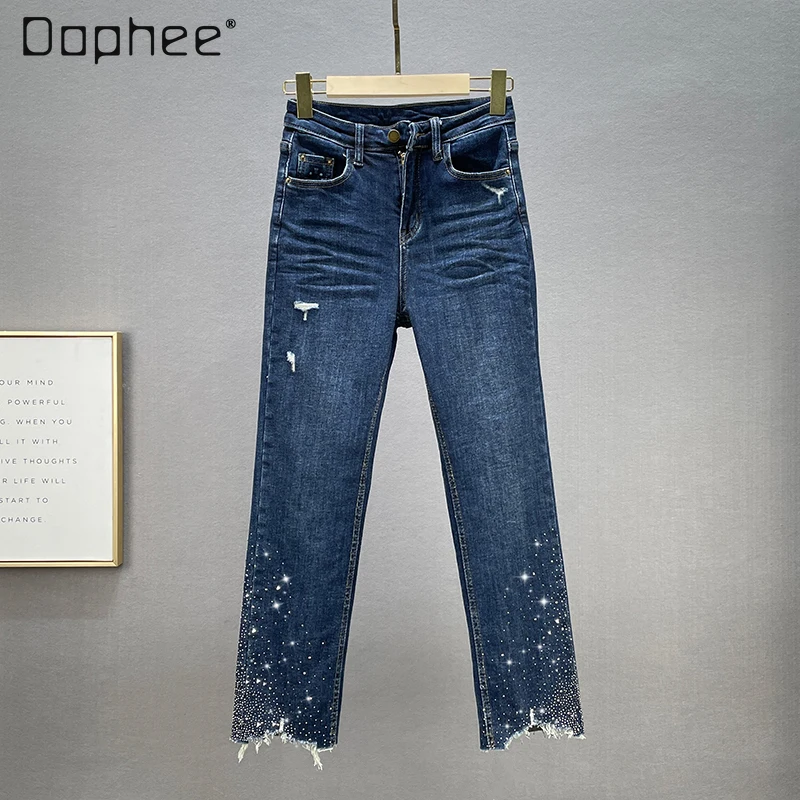 

European Style Rhinestone Jeans Women's 2021 New Winter Clothes High Waist Slimming Holes Stretch Cropped Straight Denim Pants