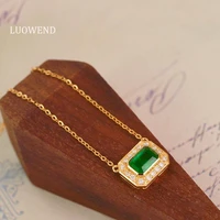luowend 18k solid white gold pendant necklace real emerald natural diamond women engagement necklace cocktail jewelry