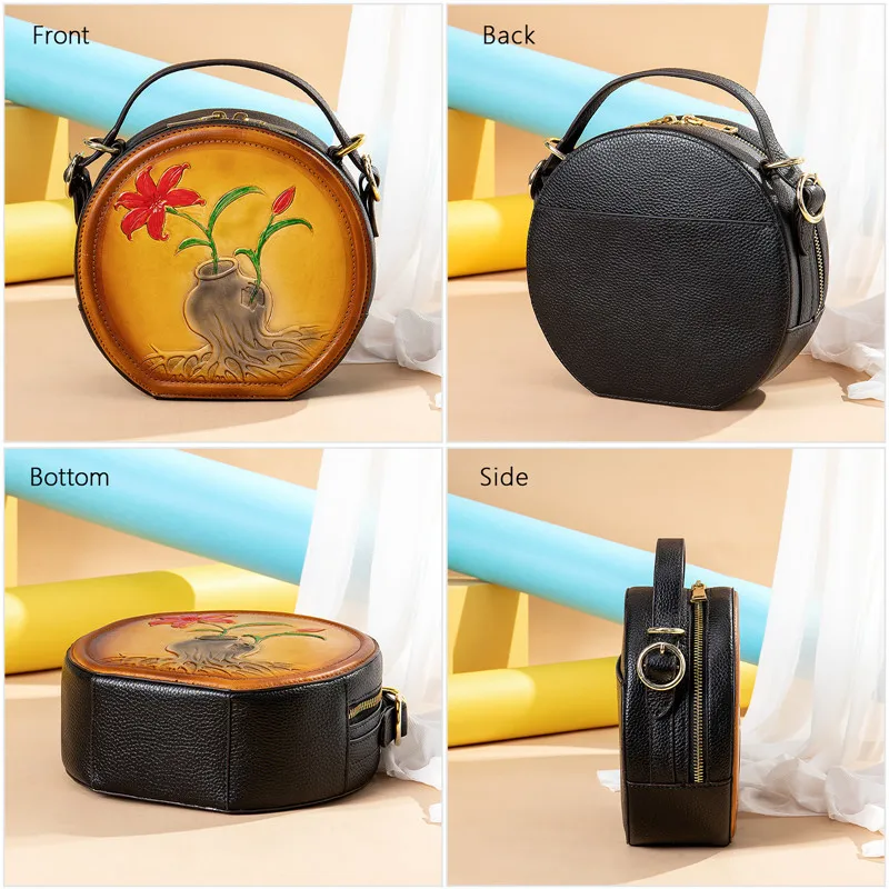 

Hot Sale Sweet Lace Round Handbags High Quality Cow Leather Women Crossbody Bags Female Small Fresh Flower Shoulder Bags