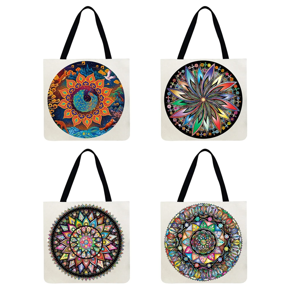 

Reusable Linen Shopping Handbags Casual Ladies Circle Ring Printed Pattern Tote Square Large Capacity Storage Bag