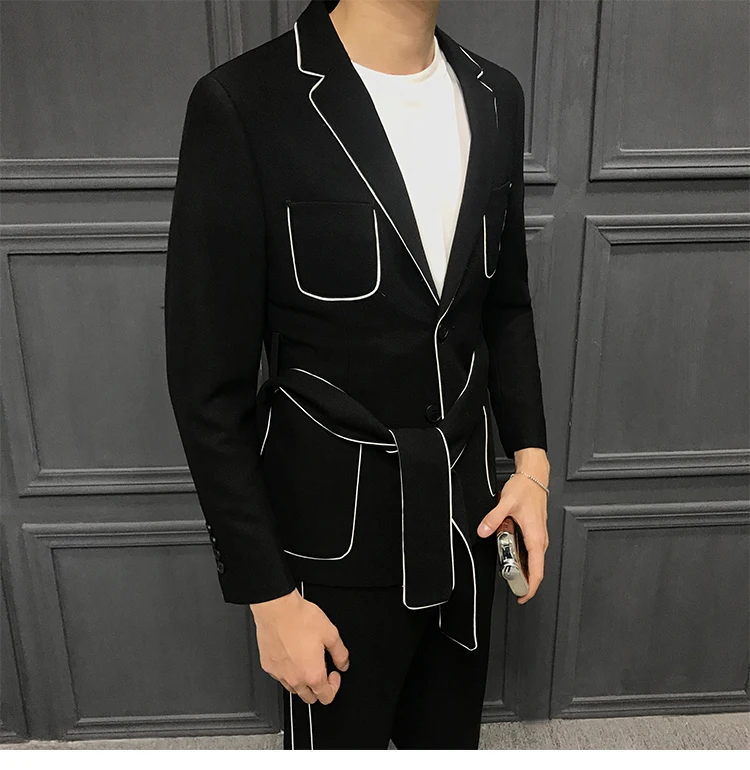 

2021 latest design belt decoration men's slim fit dress groom wedding dinner fashion trend custom suit Ternos Masculino 2pcs