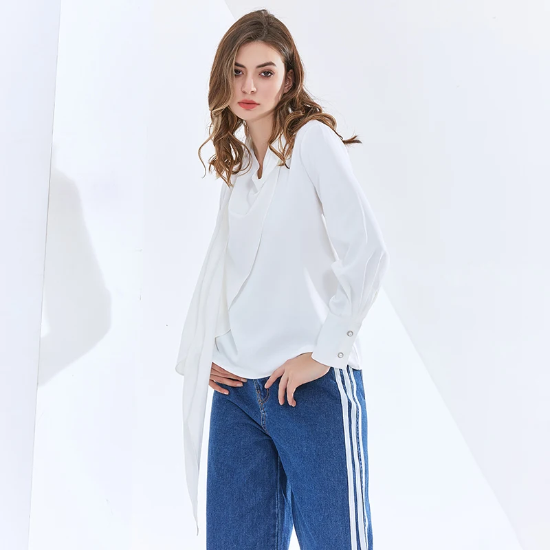 

TWOTWINSTYLE Solid Casual Shirts For Women Stand Collar Long Sleeve Ruched Lace Up Loose Woven Blouse Female 2020 Autumn Clothes