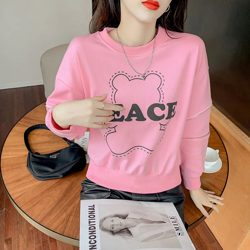 Autumn Spring Bear Letter Printing Sweatshirt Fake Zipper Sleeve Pullover Tops Moletom Feminino 2021