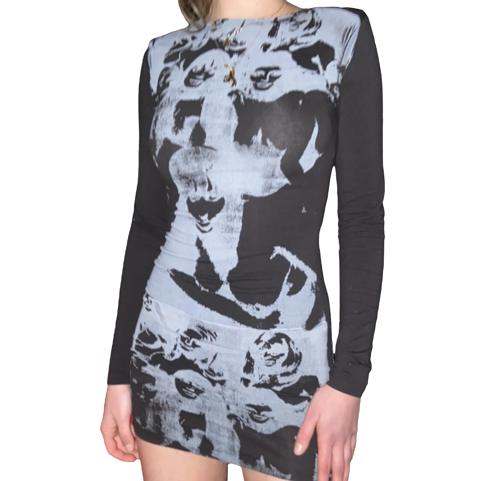 

Women's Sexy Bodycon Mini Dress 2021 Summer Long Sleeve Face Portrait Prints Y2k Graphic Bodycon Dress Harajuku Aesthetic 2021