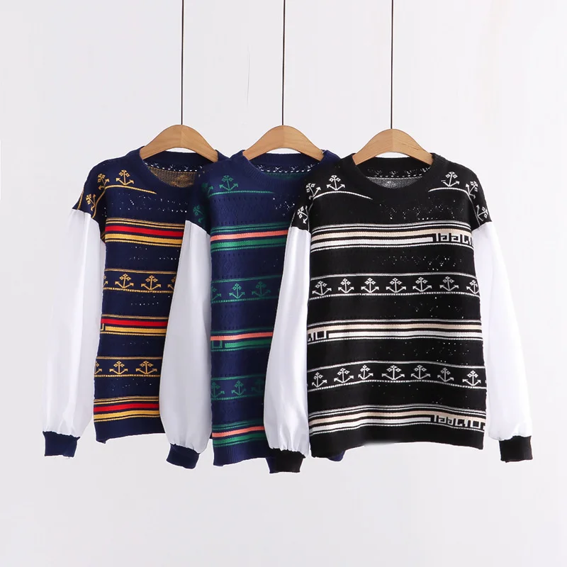 

Autumn Sweater Women Casual Pullovers Striped Patchwork Jumper Fake Two Piece O Neck Straight Lady Sweaters Long Sleeve Tops