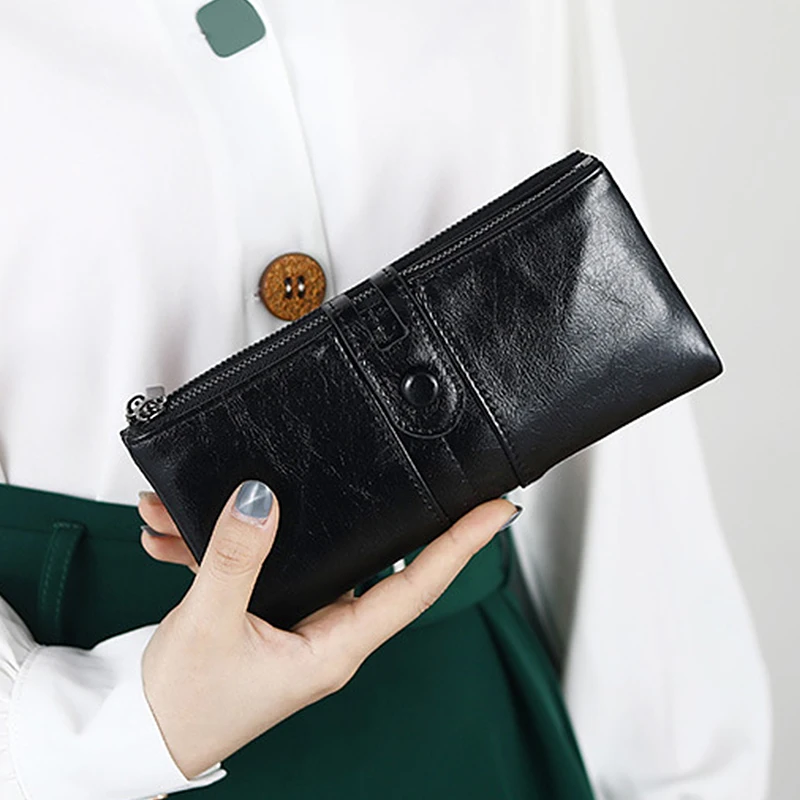 

Blocking Genuine Leather Women Wallet Long Lady Leather Purse Brand Design Luxury Oil Wax Leather Female Wallet Coin Purse