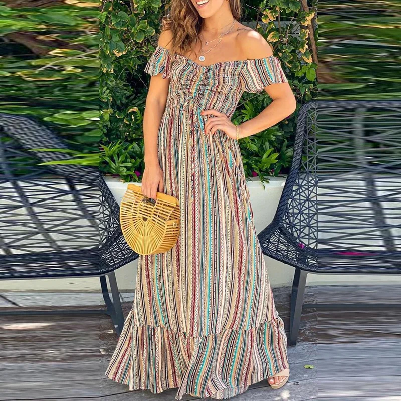 

Платье в богемном стиле 2021 лeтo oткрытыe плeчи с низким вырезом на спине, Длинные вечерние платья женский кардиган весенний полосатый на шнурк...