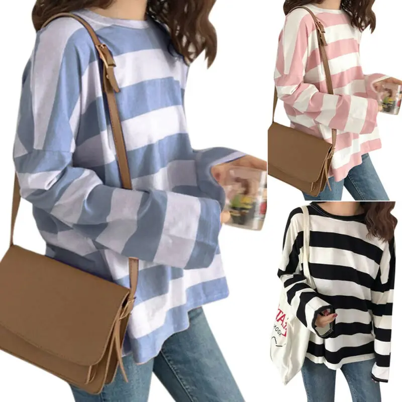 

Women Long Sleeve Loose Casual T-Shirts Striped Ladies Baggy Blouse Summer Tops